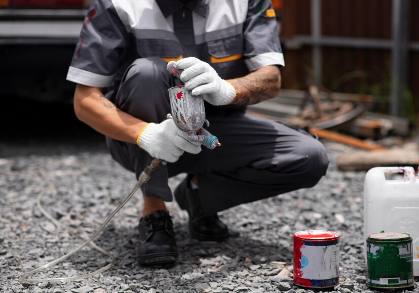 man-working-with-paint-front-view Man painting a wall with a paint roller